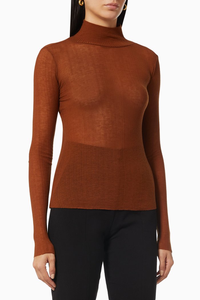 

Turtle Neck Top in Wool Jersey, Brown