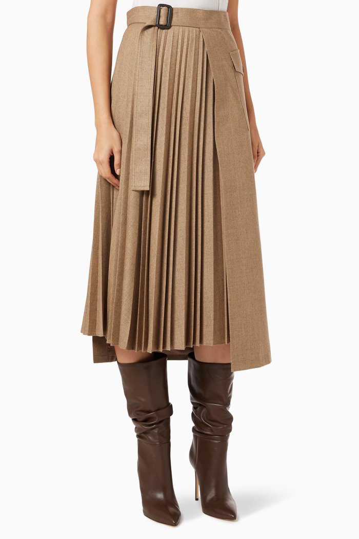 

Pleated Wrap Skirt in Wool, Neutral
