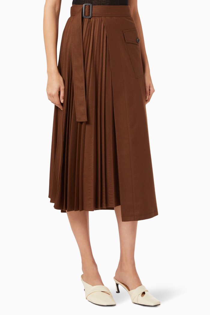 

Pleated Wrap Skirt in Wool, Brown