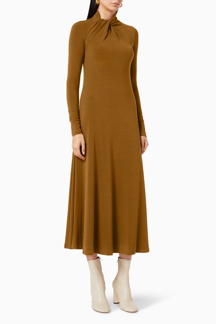 

Twist Turtleneck Dress in Jersey, Brown