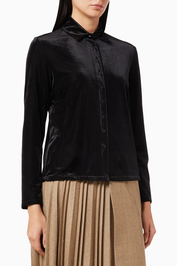 Collared Slim Shirt in Pleated Velvet, Black