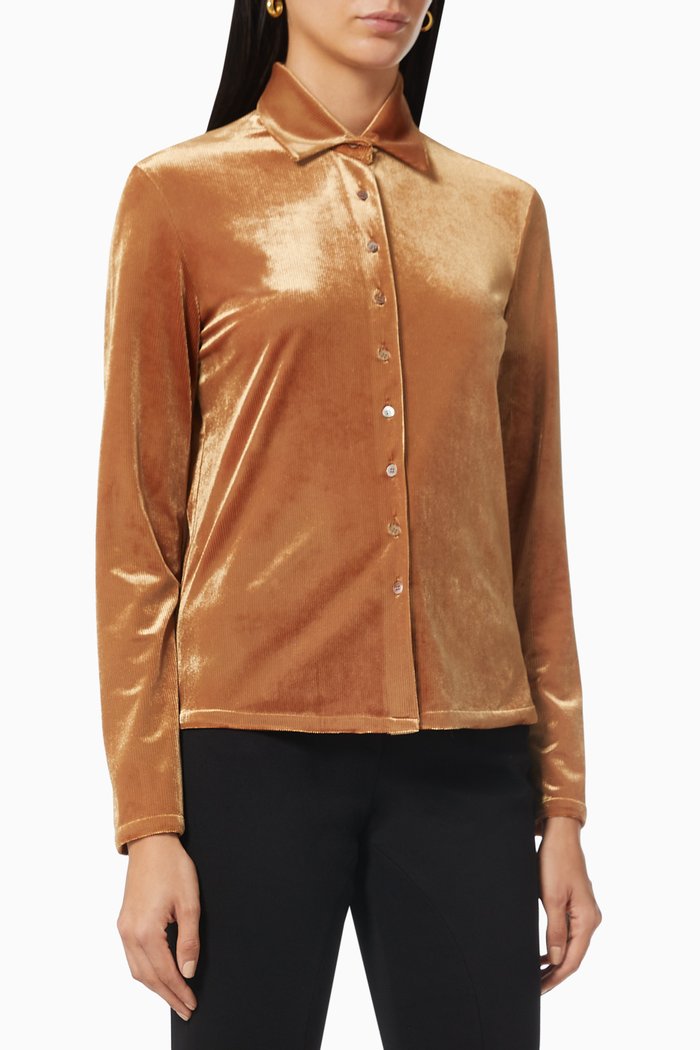 Collared Slim Shirt in Pleated Velvet, Brown