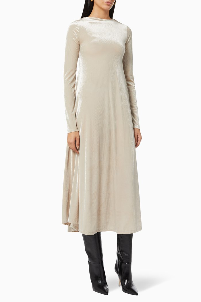 Boat Neck Midi Dress in Pleated Velvet, Neutral