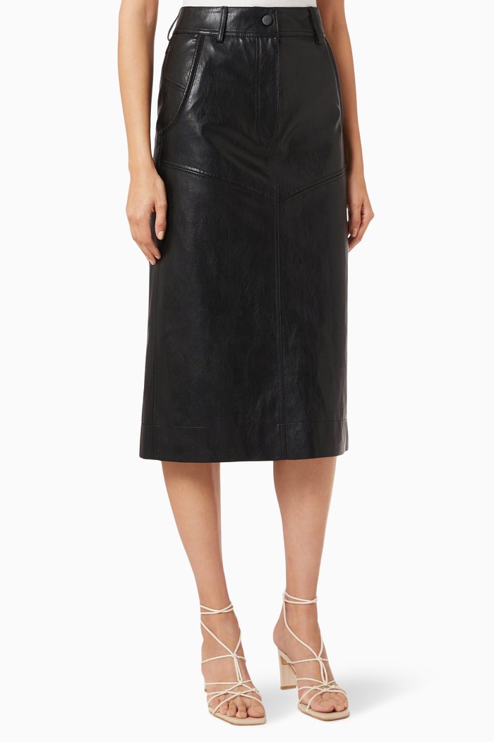 

High-waisted Midi Skirt in Faux Leather, Black