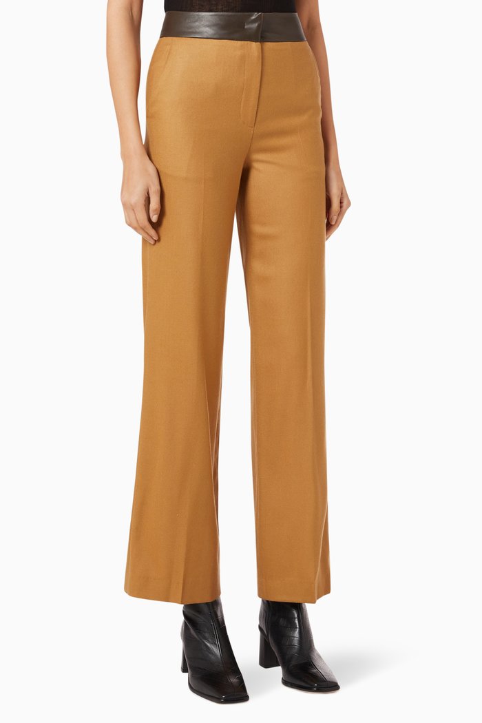 

Straight Leg Pants in Wool & Faux Leather, Brown