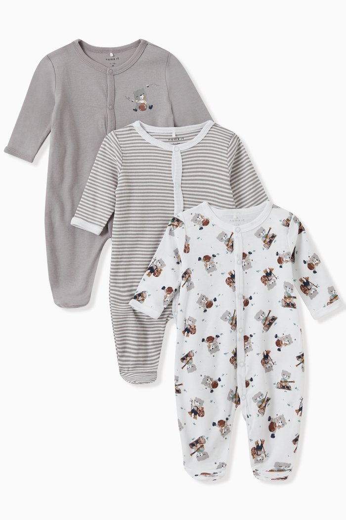 

Snap Button Pyjamas in Organic Cotton, Set of 3, Grey