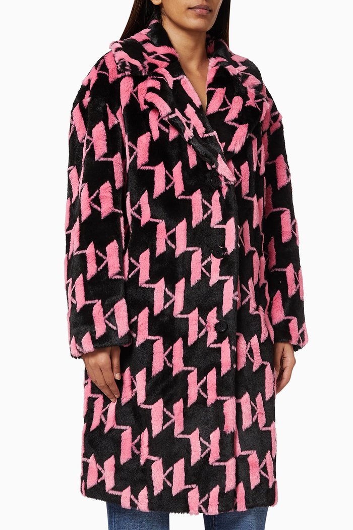 

KL Monogram Longline Coat in Faux Fur, Black