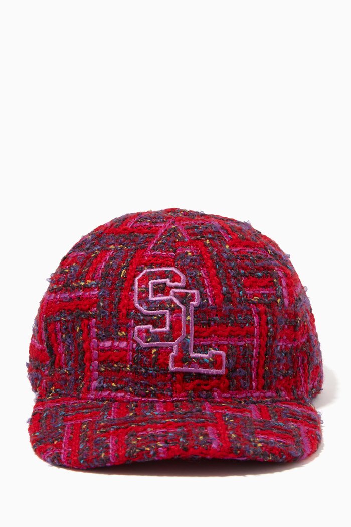 

SL Baseball Cap in Checked Tweed Wool, Red