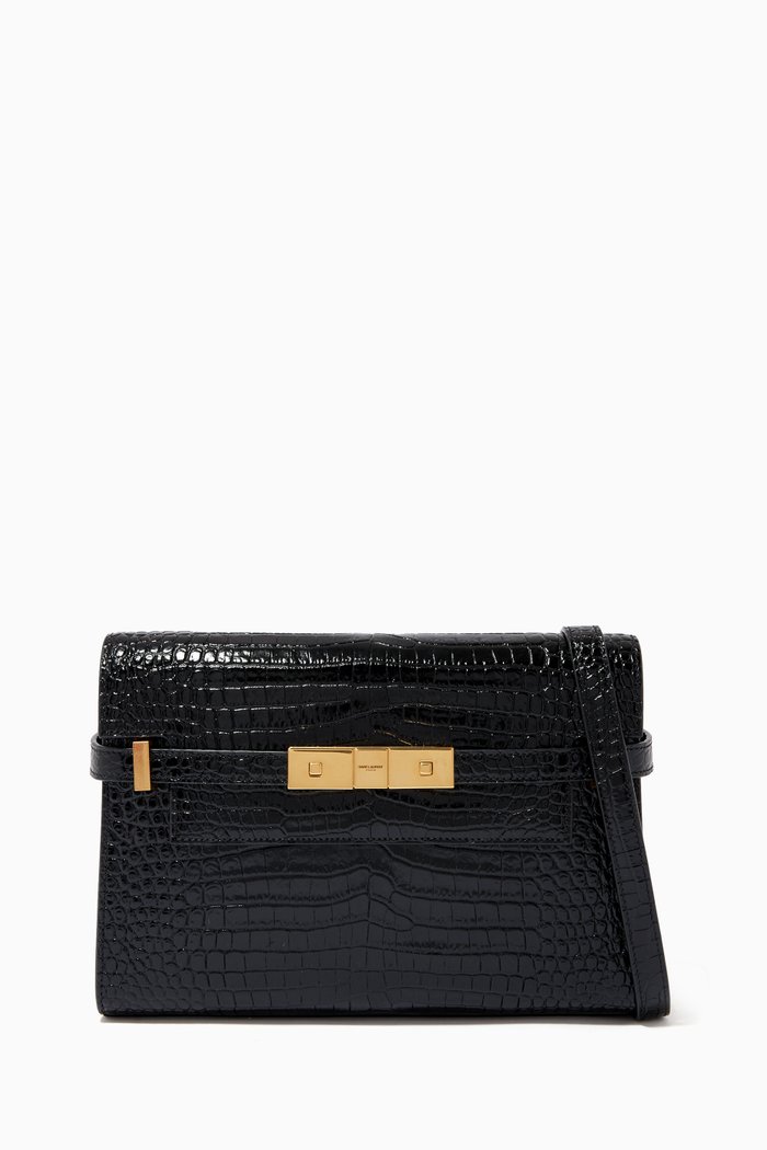 

Manhattan Small Shoulder Bag in Shiny Crocodile-embossed Leather, Black