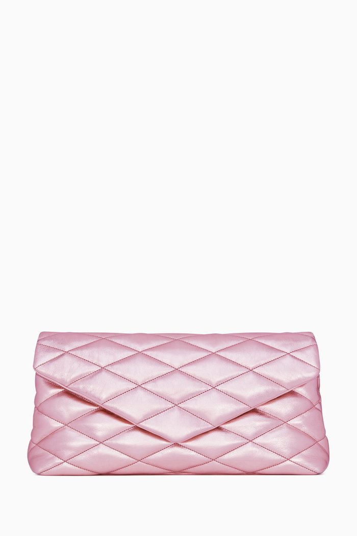 

Sade Puffer Envelope Clutch in Lamé Leather, Pink