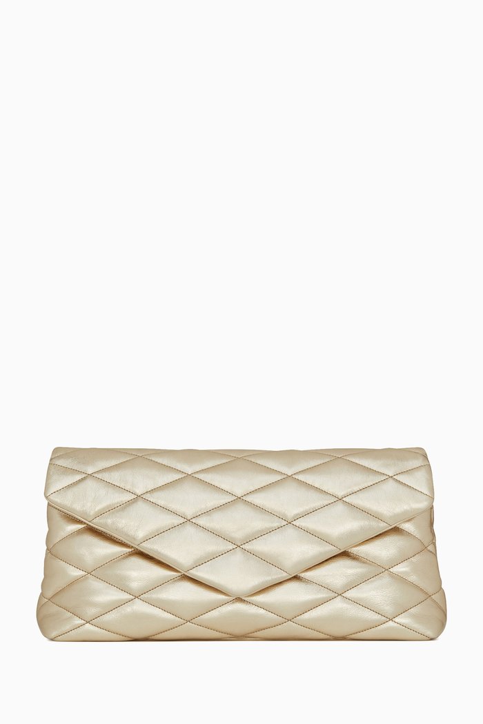 

Sade Puffer Envelope Clutch in Lamé Leather, Gold