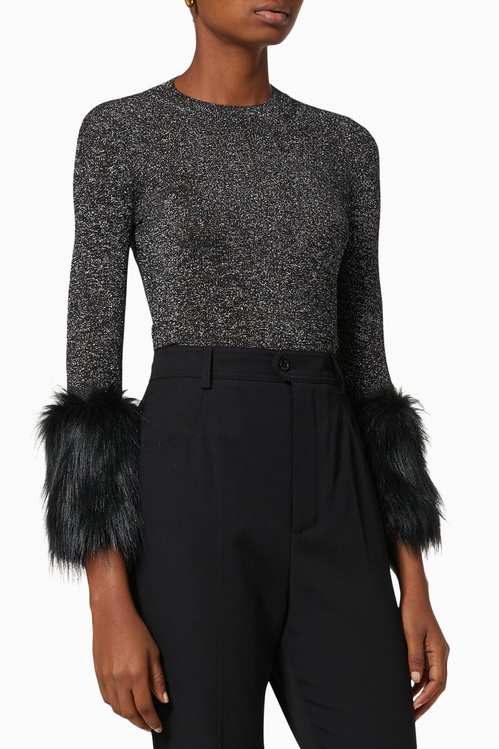 

Sweater in Ribbed Lurex with Faux Fur, Black