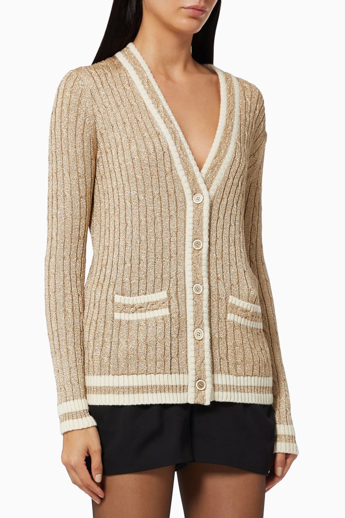 

Long College Cardigan in Braided Lurex Knit, Gold