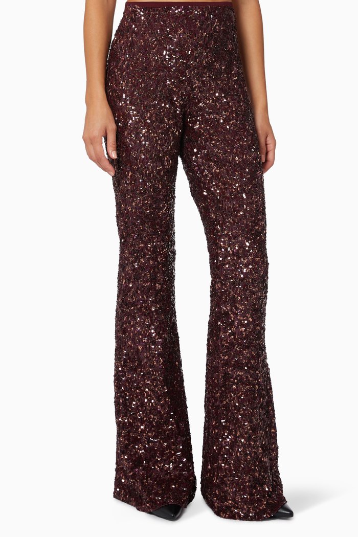 

Flared Pants in Sequin Stretch Viscose, Brown