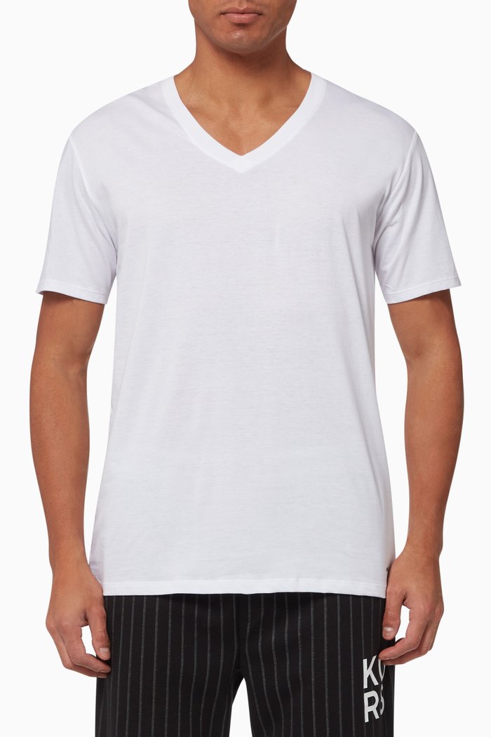 V-neck T-Shirt in Cotton, Set of 3, White