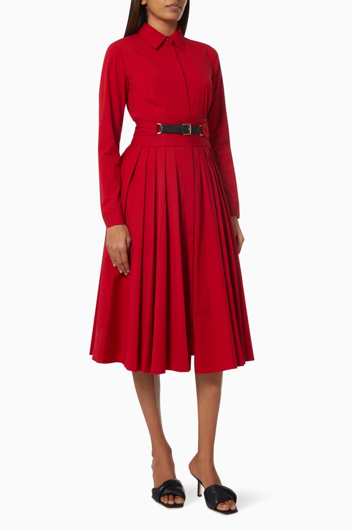 

Wrap Belt Midi Dress in Cotton, Red
