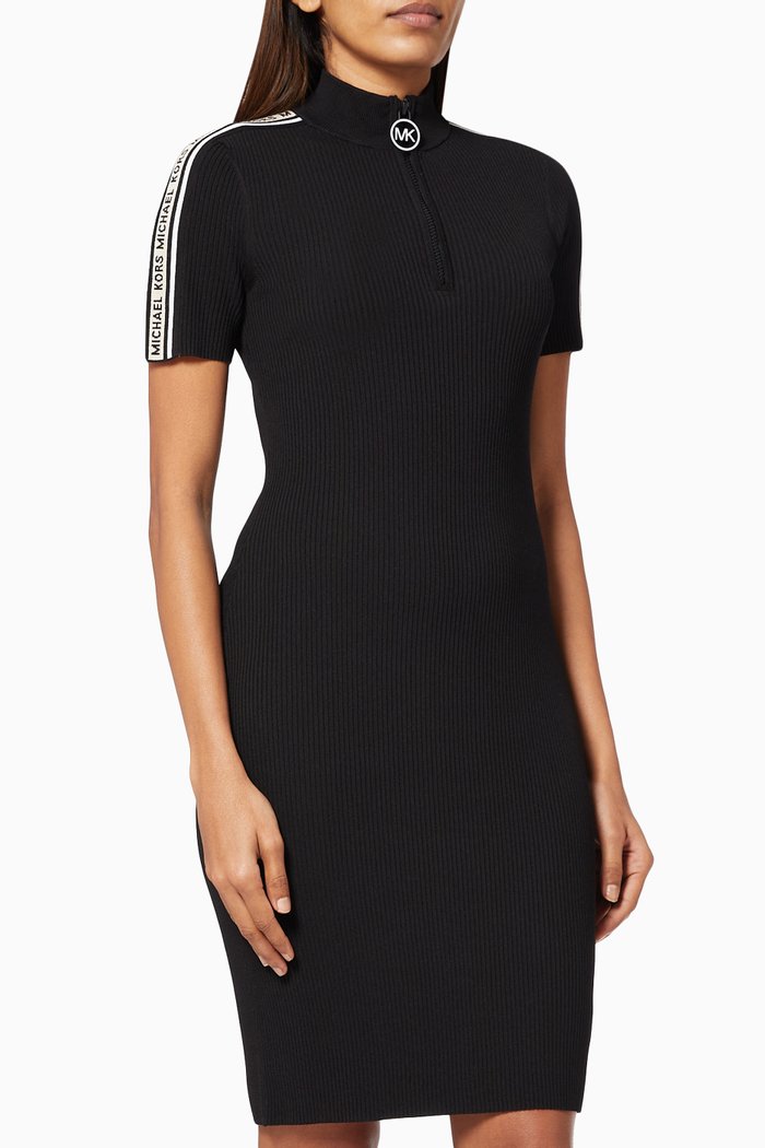 

Half-zip Mini Dress in Ribbed Knit, Black