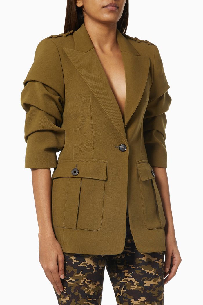 

Ruched Cargo Blazer in Wool, Green