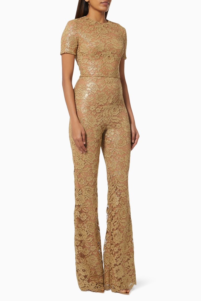 

Metallic Lace Jumpsuit in Nylon, Green