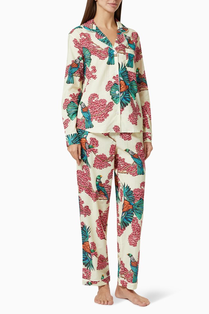

Passerine Print Pyjama Set in Cotton, Multicolour