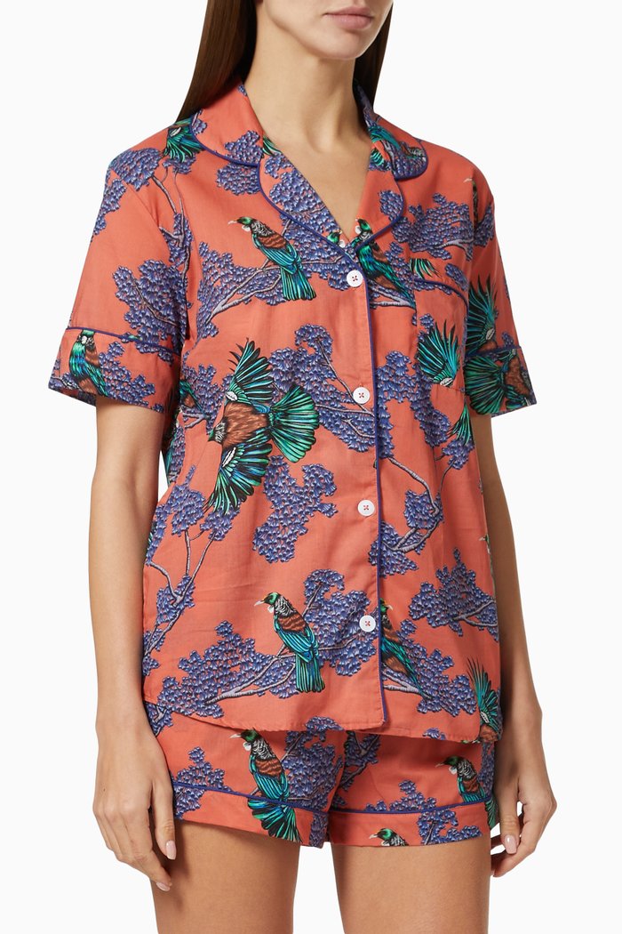 

Passerine Print Short Pyjama Set in Cotton, Orange