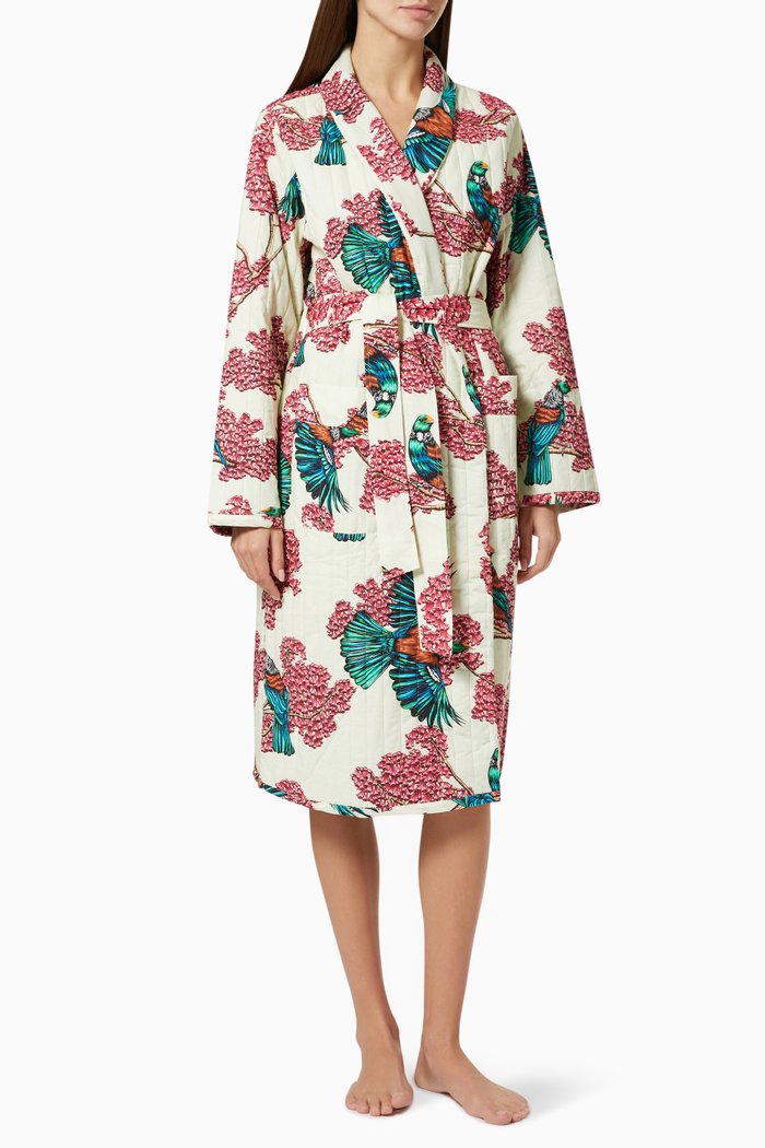 

Passerine Print Quilted Robe in Cotton, Multicolour