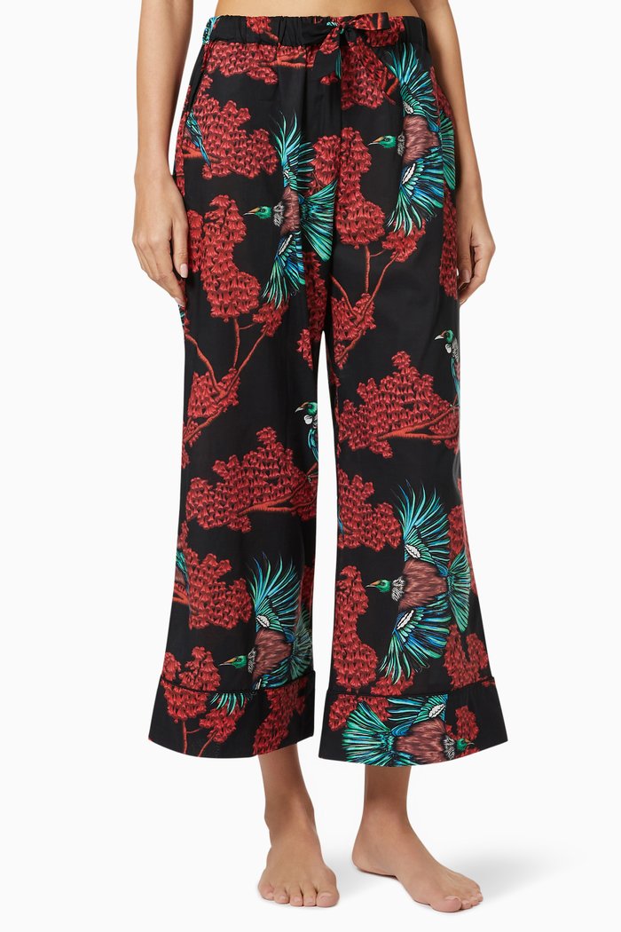 Passerine Print Wide Leg Pants in Cotton, Black