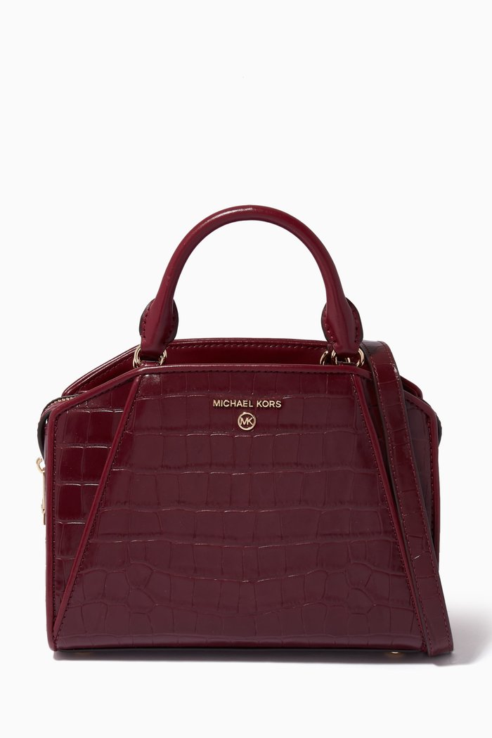 

Small Satchel Bag in Croc-embossed Logo, Red