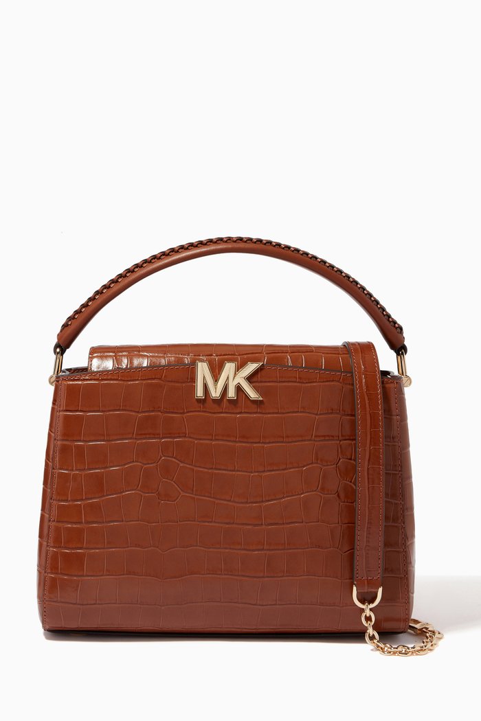 

Medium Satchel Bag in Croc-embossed Leather, Brown