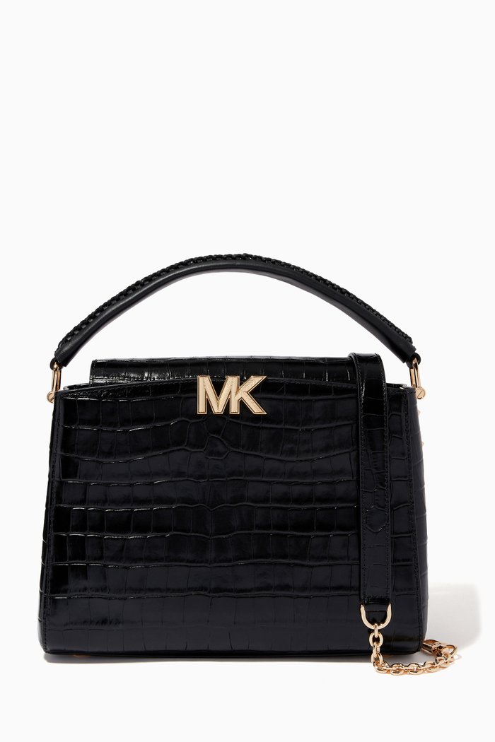 Medium Satchel Bag in Croc-embossed Leather, Black