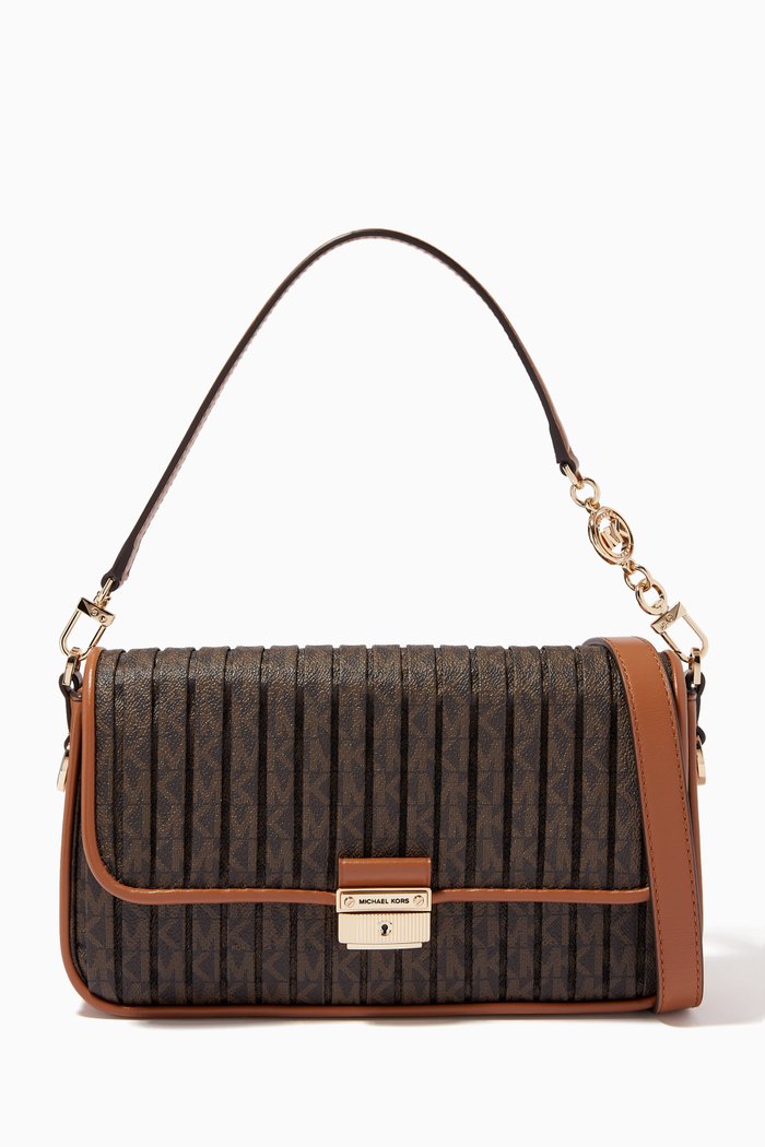 Small Bradshaw Shoulder Bag in Pleated Logo Canvas, Brown