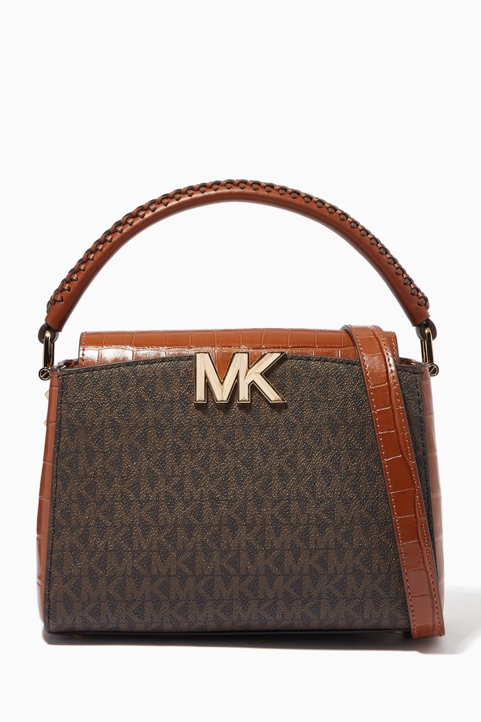 Small Karlie Crossbody Bag in Logo Canvas & Croc-embossed Leather, Brown