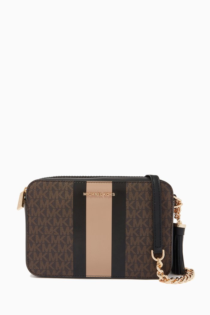 

Medium Ginny Stripe Crossbody Bag in Logo Canvas, Black