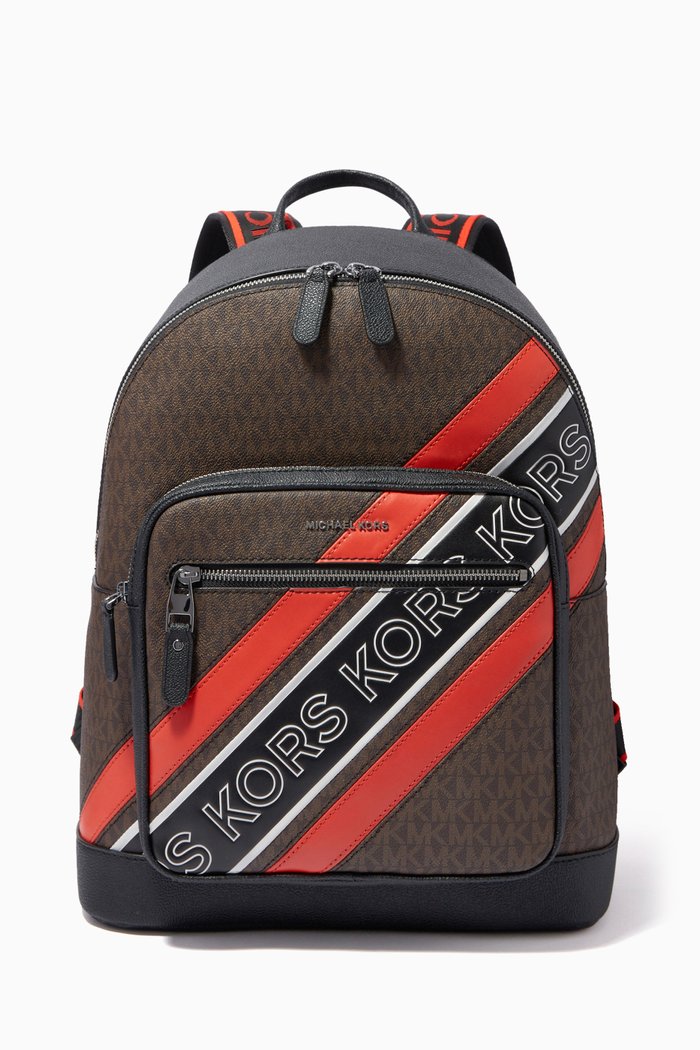 Hudson Stripe Logo Backpack in Logo Canvas, Brown