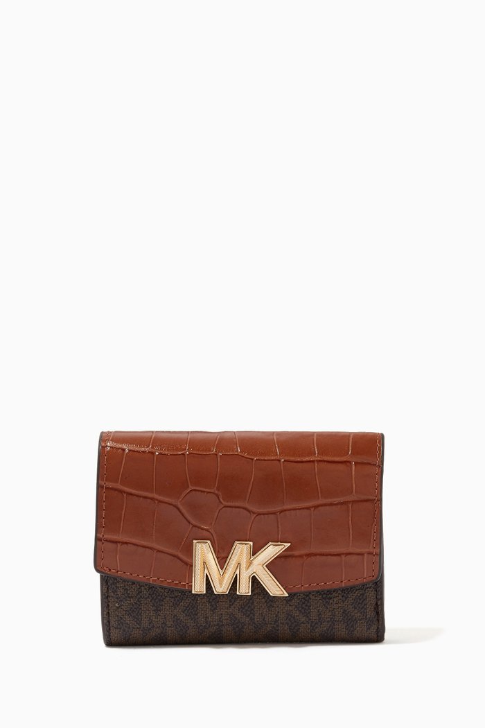 

Medium Karlie Billfold Wallet in Croc-embossed Leather & Logo Canvas, Brown