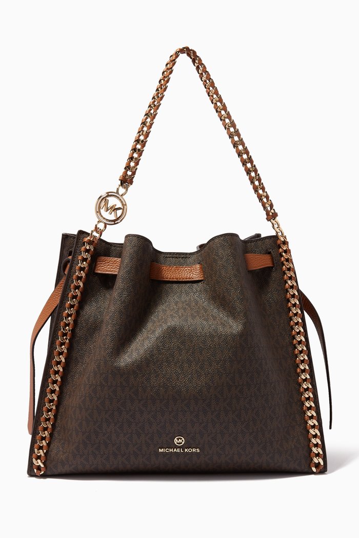 

Mina Large Shoulder Bag in Logo Canvas, Brown