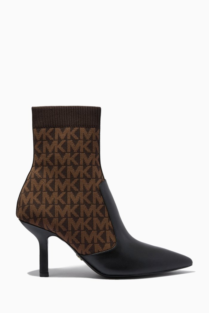 Shiloh Sock Boots in Logo Stretch Knit & Leather, Brown
