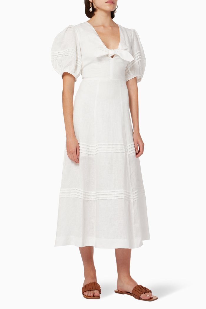 Medallion Midi Dress in Linen, White