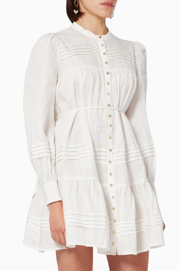 Medallion Mini Dress in Linen, White
