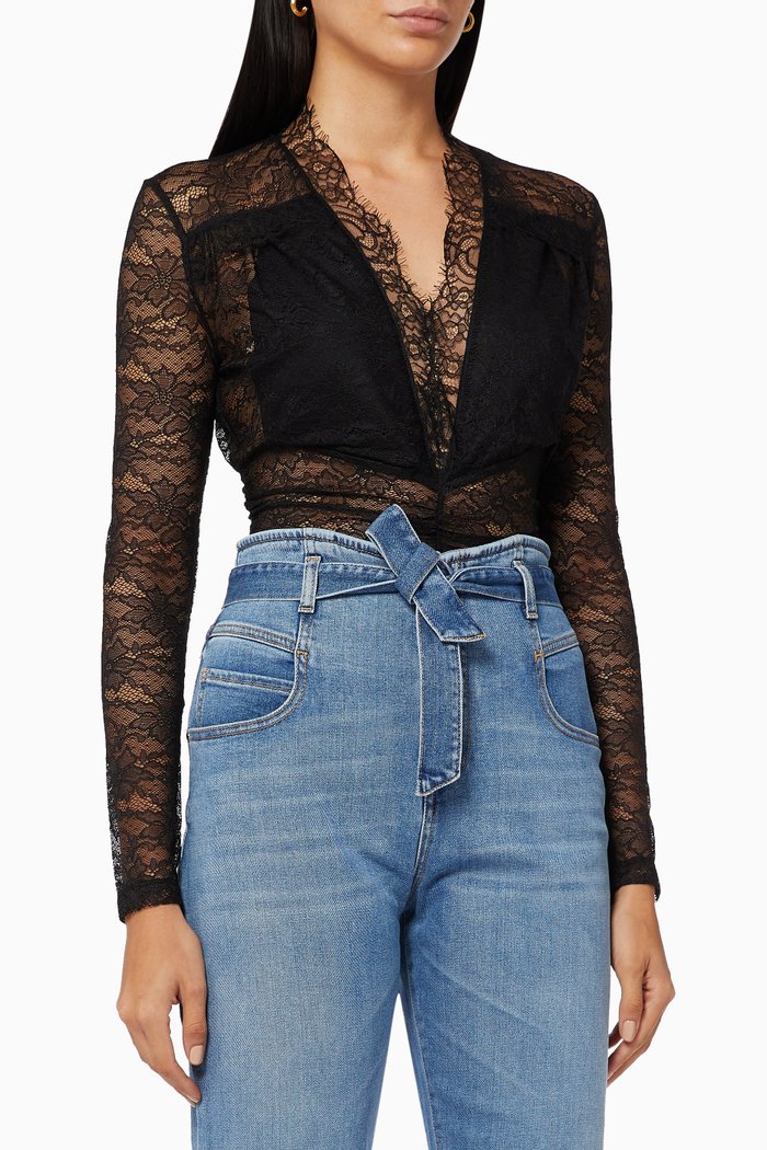 

Long Sleeve Bodysuit in Stretch Lace, Black