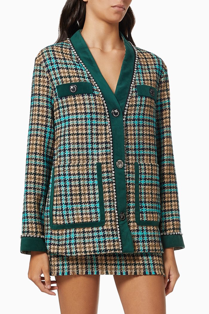 Taidong Oversized Cardigan with Rhinestones in Check Boucle, Green
