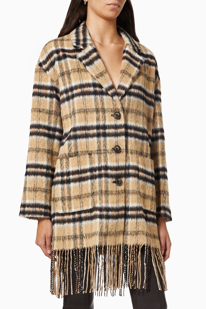 

Parkside Caban Check Pea Coat with Fringes, Neutral