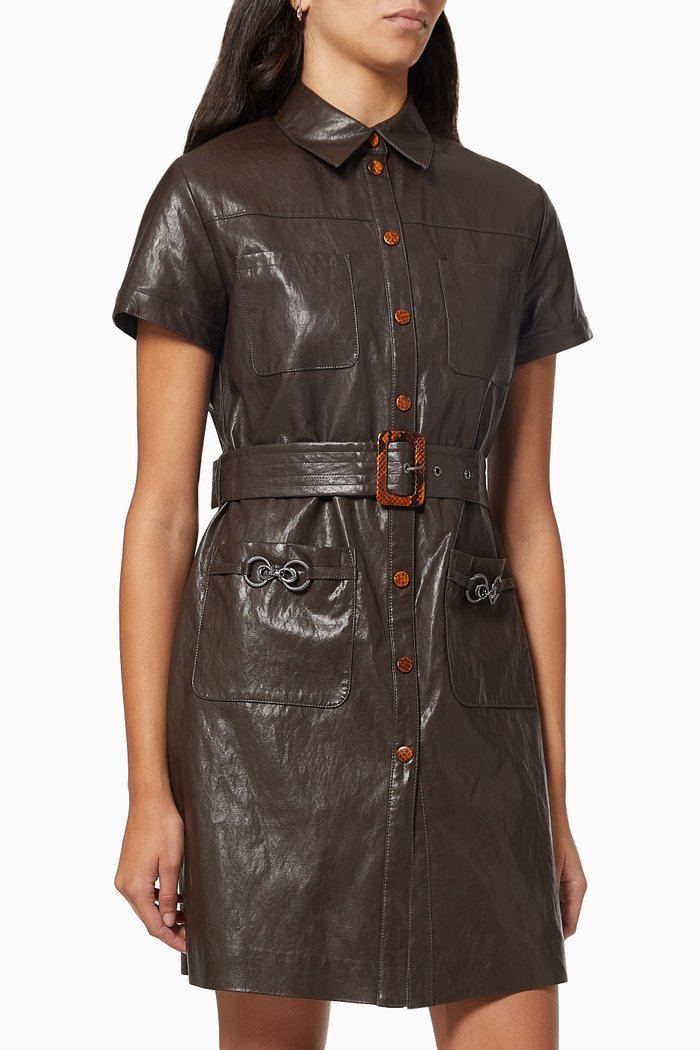 

Belted Mini Shirt Dress in Leather-effect Fabric, Brown