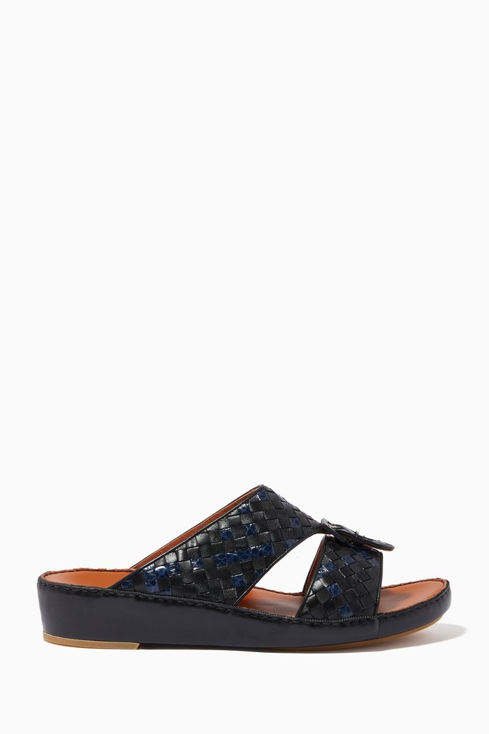 

Cinghia Trecce Stitched Sandals in Softcalf & Karung Snakeskin, Black