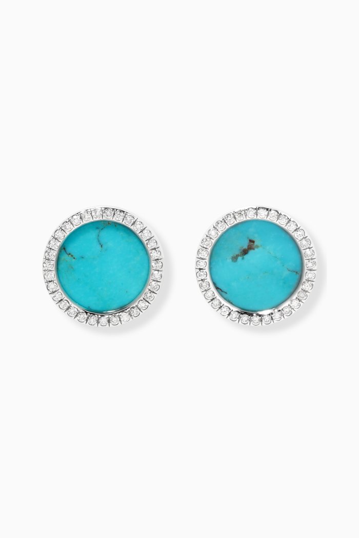 

DY Elements® Button Earrings with Turquoise & Pavé Diamonds in 18kt White Gold, Blue