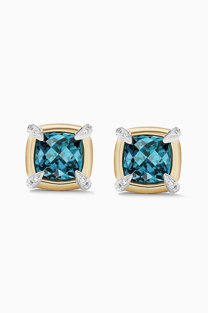 

Petite Châtelaine® Hampton Blue Topaz Stud Earrings with 18kt Yellow Gold Bezel & Pavé Diamonds in Sterling Silver
