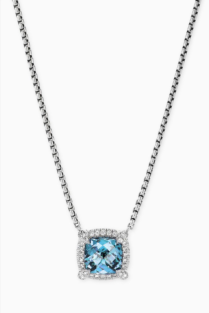 

Petite Châtelaine® Blue Topaz & Diamonds Pendant Necklace with Pavé Bezel in Sterling Silver