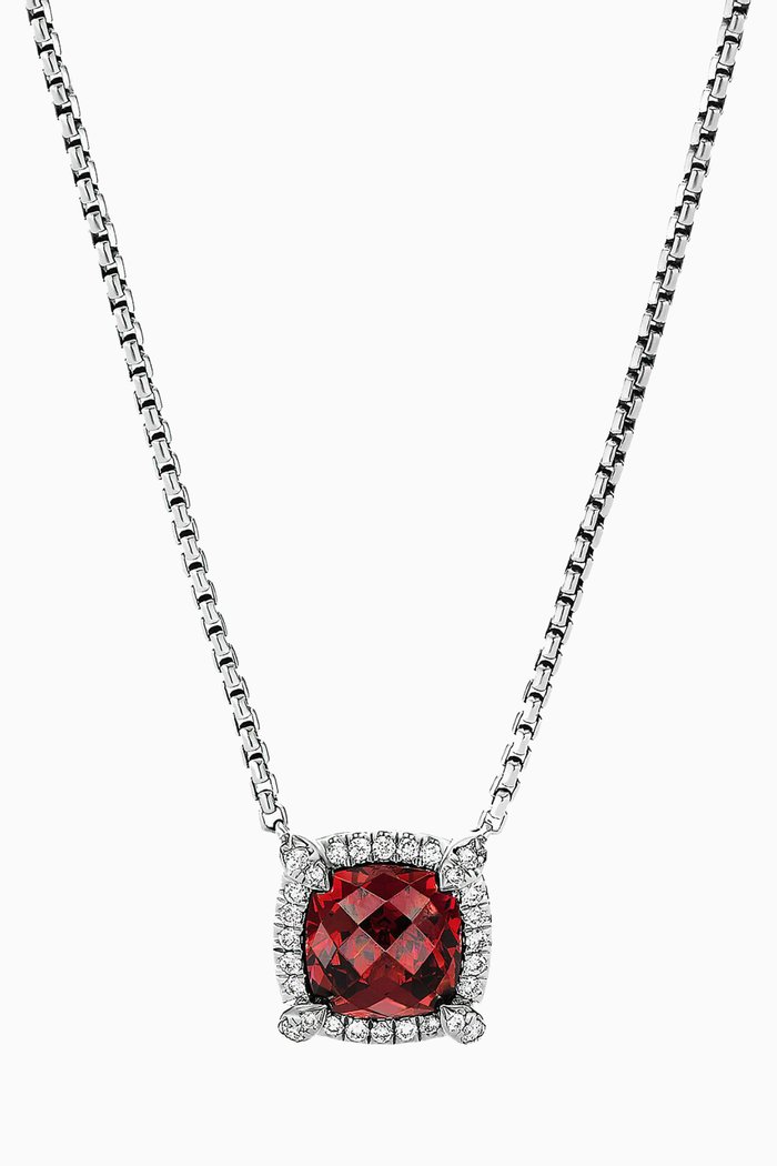 

Petite Châtelaine® Rhodolite Garnet & Diamonds Pendant Necklace with Pavé Bezel in Sterling Silver, Red