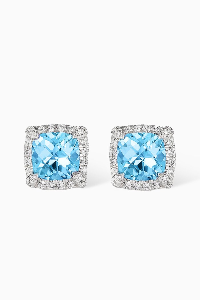 

Petite Châtelaine® Blue Topaz & Diamonds Stud Earrings with Pavé Bezel in Sterling Silver