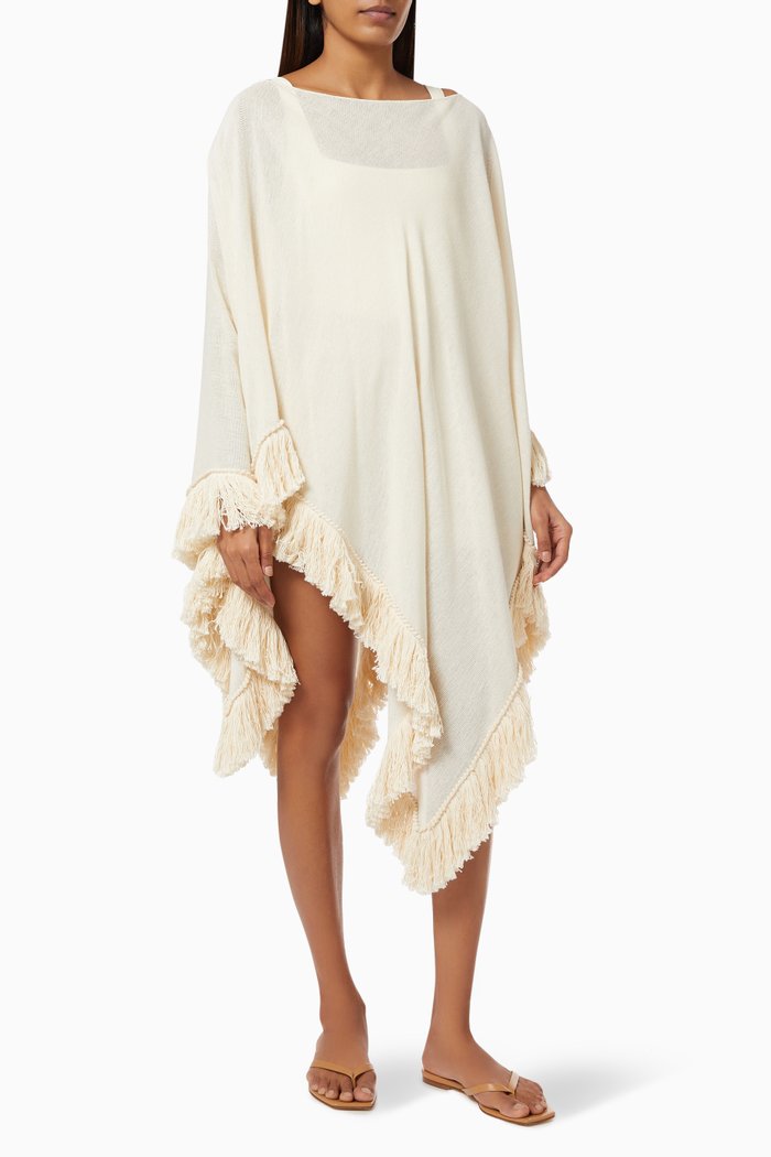 

Maya Fringed Cape Dress in Cotton, Neutral